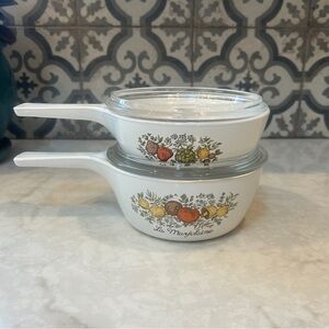 VINTAGE 1970s CORNING WARE “SPICE OF LIFE” DESIGN SAUCE PANS-SET OF TWO-EUC